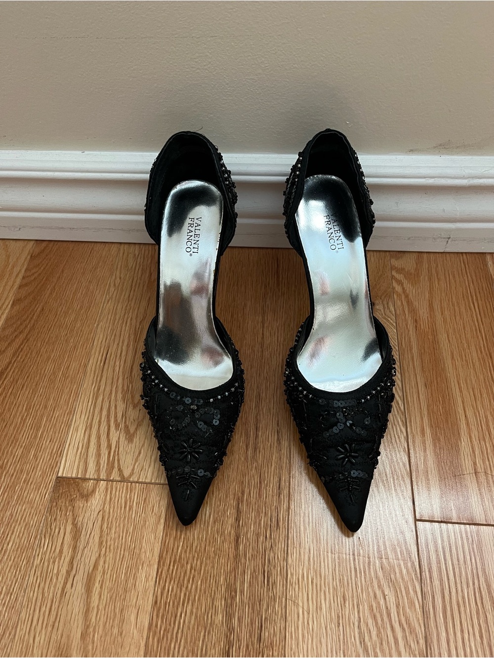 Valenti Franco Black Beaded Pointed-Toe D'Orsay Heels